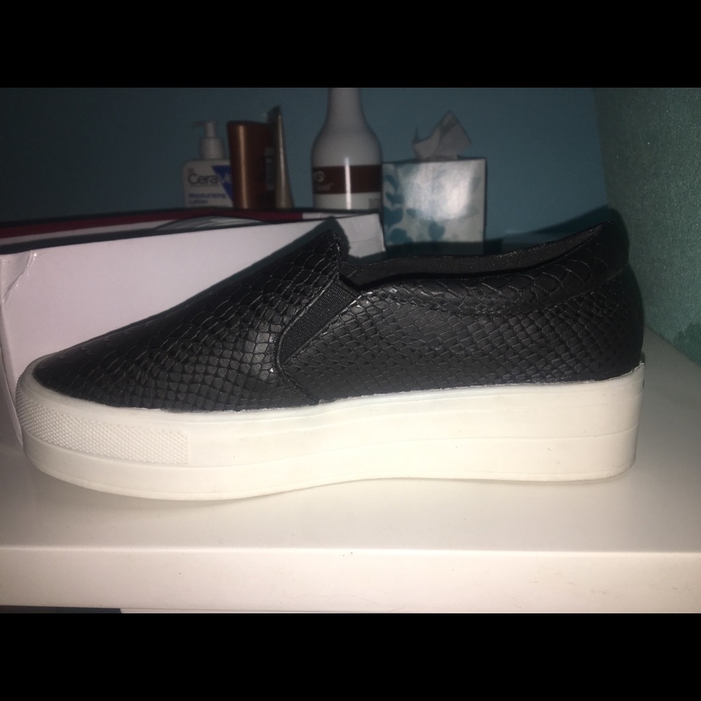 Black snakeskin leather platform slip on shoes